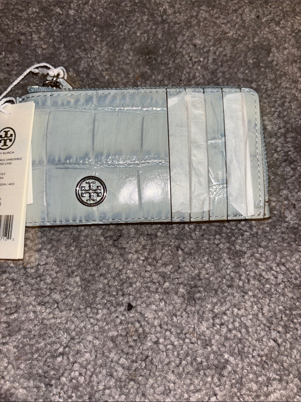 Tory Burch Pale Blue Croc-Embossed Card Holder with Silver Logo
